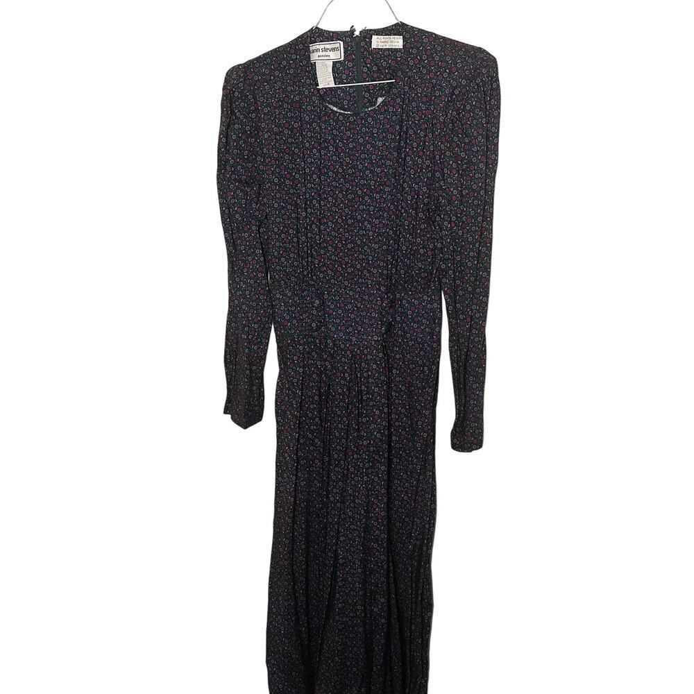 Vintage Karin Stevens Black Purple Floral Flowy Zip Up Back Dress Petite size 6